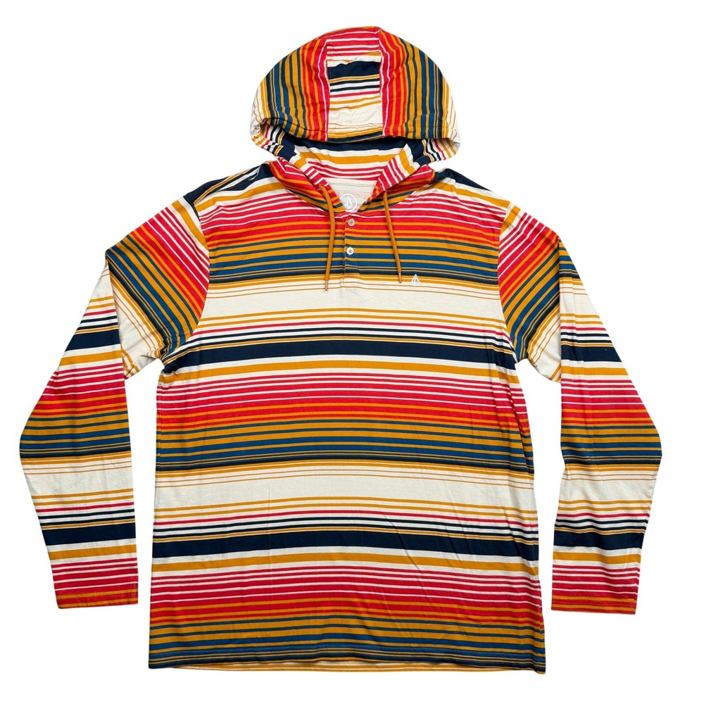 Volcom Hoodie Mens XL Multicolor Striped Long Sleeve Henley Pullover Draw String